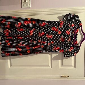 Voodoo Vixen Black Dress with Red Floral and White Polka Dots